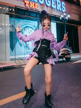 Bling Sokak Giyim Kız Hip-Hop Kıyafet Caz Kostümleri Gerçekleştirmek Dans Giyim Pantolon K-POP Glitter Payetli Sparkly Giyim Çocuklar