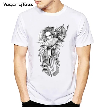 Harajuku Tshirt Streetwear Erkekler Japon T Shirt Dövme Geyşa Samurai Sanat Hip Hop yazlık kısa kollu t-shirt Tees Tops Hipster
