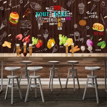 Özel Burger Sosisli Sandviç Fast Food Restoran Endüstriyel Dekor Ahşap Duvar Arka Plan Duvar Kağıdı 3D Snack Bar duvar kağıdı 3D