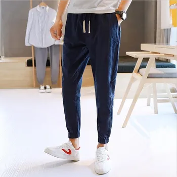 2023 Erkekler Yaz Katı Pamuk Ve Keten Ayak Bileği uzunlukta Pantolon Yüksek Kaliteli Elastik Bel 6 Renk Erkek kalem pantolon  -