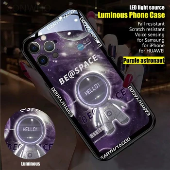 Astronot LED Işıklı Telefon Kılıfı için iPhone 14 15 13 Pro Max Samsung S24 S22 S23 Not 10 20 Artı Ultra Ses Algılama Aksesuarı