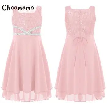 Choomomo Çocuk Kız Parlak A-line Pembe Kolsuz Parti Elbise Kare Boyun Dantel Korse Şifon Etek Elbise Düğün için/Doğum Günü