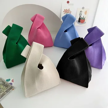El yapımı Örgü Çanta Kadın Mini Düğüm Bilek çanta Kadın Rahat Renk Geniş Şerit Ekose Tote Çanta Öğrenci yeniden kullanılabilir alışveriş poşeti
