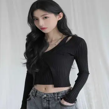 Moda Hırka Güney Kore Giyim Bölünmüş Katlanmış Üst Uzun Kollu Kısa Dikey Desen Y2k Kadın Giyim