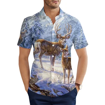 HX Moda Erkek Gömlek Komik Orman Yaban Hayatı Geyik 3D Grafik Casual Gömlek Yaz Kısa Kollu Üstleri Camisas Dropshipping