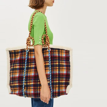 Kadın çantası yüksek kaliteli Çanta Kuzu Yün Ekose Vintage Sonbahar Kış Casual Tote Çanta Sıcak Yumuşak Büyük kapasiteli omuz çantaları