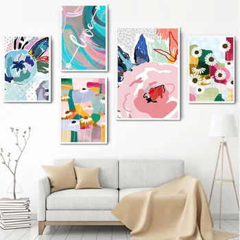 Modern Soyut Renk Çiçekler, Kelebekler ve Aşk Sanat Tuval Posterler ve Baskılı Resimler Oturma Odası Yatak Odası Ev Dekor için