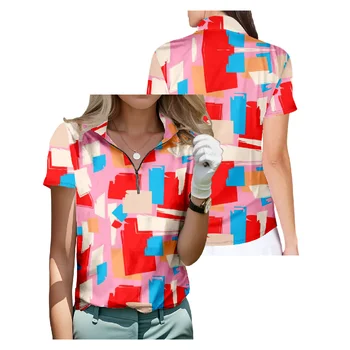 Renk Bloğu Soyut Desen Kısa Kollu Golf Gömlek Nefes Hızlı Kuru Yarım Zip Tops Moda Streetwear Kadın Spor