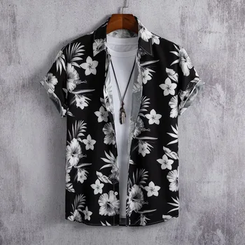 Tek Göğüslü Kısa Kollu Üst 2024 havai gömleği erkek Moda Çiçek Geometrik Baskı Gömlek Plaj Tatil erkek Giyim