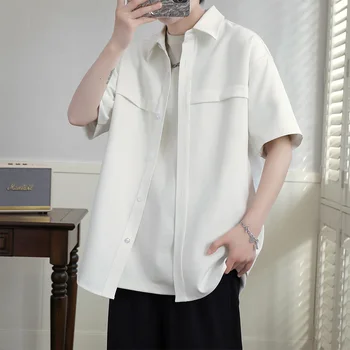 İlkbahar / Yaz erkek gömleği Japon Düz Renk Gömlek Kısa Kollu Polo Yaka Yarım Kollu pardösü Moda Hong Kong Tarzı Gömlek