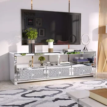 Modern 3 Çekmece Aynalı Kristal TV standı Gümüş TV Konsolu Masa Tv Dolabı Oturma Odası Otel Mobilyaları