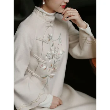 2023İn Geliştirilmiş Kadın Kış Cheongsam Çince geleneksel Elbise Kızlar için Zarif Uzun Hanfu Elbise Moda Yünlü Giysiler Qipao