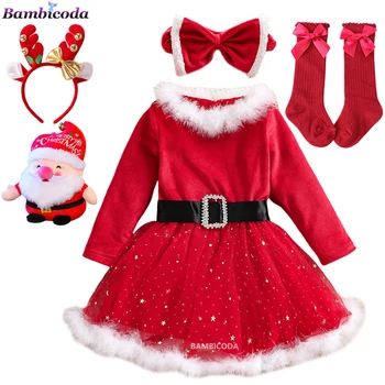 2023 Bebek Kız Elbise Kış Kırmızı Uzun Kollu O-boyun Mektup Fırfır Yüksek Bel Sonbahar Noel Elbise + Kafa Bandı Tutu Parti Elbiseler