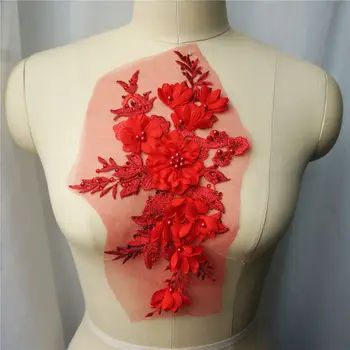 Kırmızı 3D Çiçekler Boncuk Rhinestones Aplikler İşlemeli gelinlik Dekorasyon Örgü Düzeltir Kumaş Yama Dikmek İçin Elbise DIY