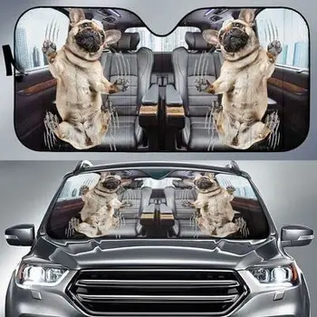 Komik Puglar Tırmalama pencere camı araba güneşliği, 3D Siyah ve Tan Puglar Tırmalama Pencere Otomatik Güneş Gölge, Puglar Tırmalama Win