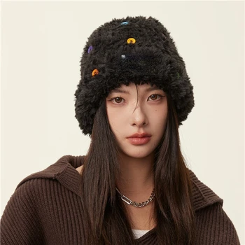 Yeni Kore Peluş Renkli Düğmeler Bere Şapka Kadınlar Sıcak Örme Kafatası Şapka Kış Sıcak kulak koruyucu Büyük Kafa Kazak Kap Mujer