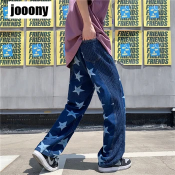 Yeni Streetwear Hip Hop Patchwork Jean Pantolon Erkekler Gevşek Rahat Düz Wige bacak Kot Kore Tarzı Yıldız Baskılı kot pantolon 2023