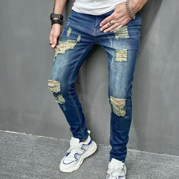 Yeni Yırtık Düz Renk Skinny Jeans erkek Elastik Küçük Ayak Delik Motosiklet Denim Pantolon Erkek Streetwear