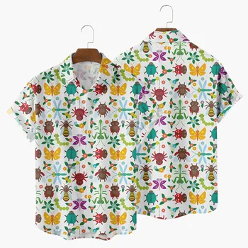 2022 İlkbahar Yaz Yeni Erkek turn-aşağı yaka Gömlek Hawaiian Rahat Sevimli Böcek Baskı Elbise Kısa Kollu Gömlek