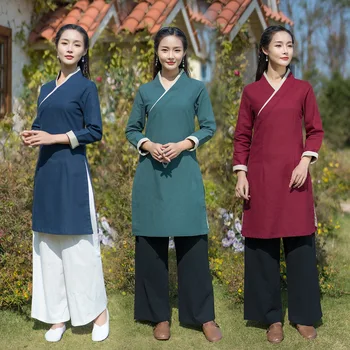 2023 Çin Kıyafetleri Kadınlar için Keten Hanfu Üstleri Zen Çay Tang Bluz Gömlek Bayanlar Oryantal Modern Cheongsam Ceketler Elbiseler Elbise
