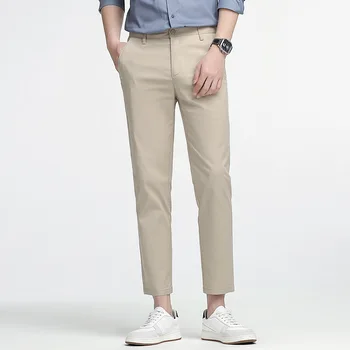 Yaz Moda Yüksek Kalite Erkekler Katı Renk Basit Slim Fit Takım Elbise Pantolon Iş Rahat Kore Tarzı Gevşek Ayak Bileği Uzunluğu Pantolon