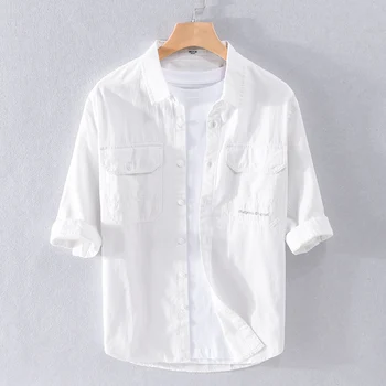 Yeni tasarım yarım kollu saf pamuk beyaz gömlek erkekler rahat moda nakış rahat gömlek erkekler ıçin ış giysisi camisa
