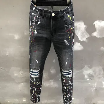2023 Moda Yırtık Delik Erkek Kot Motosiklet İçin Düz Eklenmiş kot pantolon Pantolon Erkekler Büyük Boy İnce Punk Rock Vintage Kot