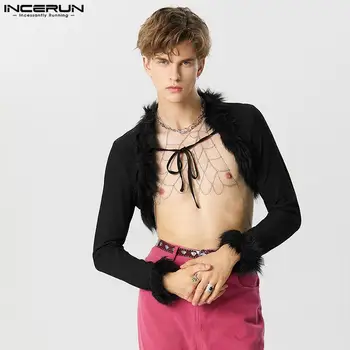 Moda Rahat Tarzı Üstleri INCERUN erkek Kırpılmış Peluş Ekleme Tasarım Gömlek Seksi Erkek Sıcak Satış Kravat Pp Hırka Bluz S-5XL