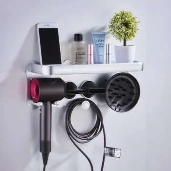 Saç kurutma makinesi Tutucu Siyah Alüminyum Banyo Rafları Güçlü Depolama Rafı Gümüş mutfak rafı Dyson Süpersonik Saç Kurutma Makinesi Rafı