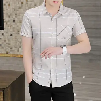 Kısa Kollu Gömlek Pamuk Erkek Yaz Kore Moda Düğme Aşağı Casual Gömlek Ekose Baskı Slim Fit Erkek Marka Kalite Tops E99