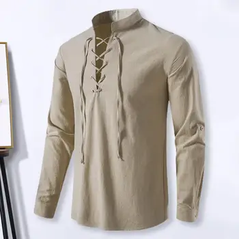 Standı Yaka Çapraz Dantel-up Erkek Gömlek Uzun Kollu Nem esneklik Anti-boncuklanma Düz Renk İnce Rahat Üst Streetwear