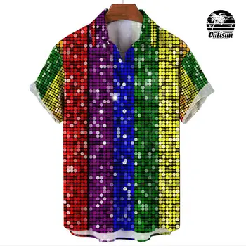 Hawaii Gömlek erkek Markalı Bluz Geometri Baskı 3d Gömlek Kafes Kısa Kollu Üstleri Streetwear Erkek Yaz Giyim 2023