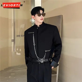 Streetwear Erkekler Ceketler Deri Patchwork Standı Yaka Uzun Kollu Metal Fermuar Kırpma Ceket Kore Kişilik Giyim Şık