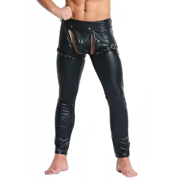 Artı boyutu erkek seksi açık kasık ıslak bak deri pantolon sıkı PU sıkı erotik günaha pantolon aşağıda maruz seksi Clubwear
