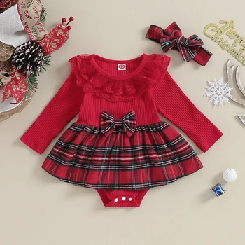 Toddler Bebek Kız Uzun Kollu Tulum Bebek Noel Nervürlü Ekose Yuvarlak Boyun Dantel Tulumlar Elbise Kafa Bandı Çocuk Giyim
