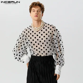 Amerikan Tarzı Yeni erkek Moda Akın Polka Dot Gömlek Casual Perspektif Kabarcık Uzun Kollu Bluz S-5XL INCERUN Tops 2023