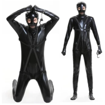 Erotik Unitard Cadılar Bayramı Maskeli Mahkum Kostümleri Yeni Liste Fetiş Lateks Leotard Erkek Seksi Faux Deri Lingerie Bodysuits