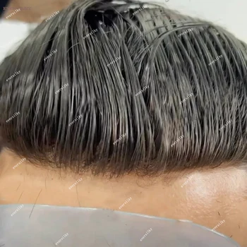 Doğal Saç Çizgisi Süper Dayanıklı Erkek Peruk Kahverengi Sarışın Gri siyah insan saçı Erkek Peruk Tam PU Mikroskin Kılcal Protez