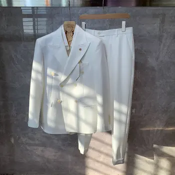 2022 Yeni Varış Erkekler Düz Renk Takım Elbise İki Adet Set Erkek Kruvaze Yaka Slim Fit Casual Blazers Düğün için H244