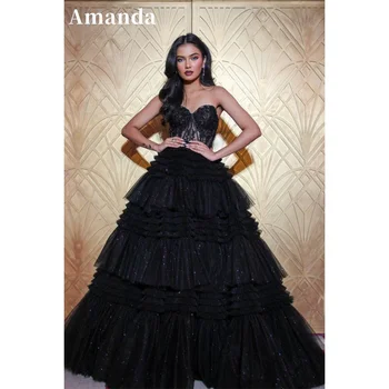 Amanda Siyah Dantel Çok Katmanlı Balo Elbise 2024 Zarif A-line Vestidos De Fiesta Seksi Kolsuz Tül Parlak Akşam balo kıyafetleri