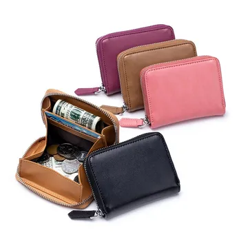 Yeni Hakiki Deri bozuk para cüzdanı Erkekler Küçük Cep RFID Engelleme Iş kart tutucu Mini Kadın Zarif Cüzdan Fermuar el çantası