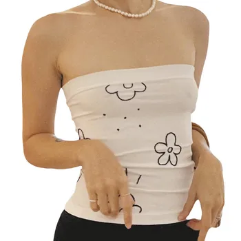 Üst Kadın Yelek Kolsuz Wrap-Göğüs yaz giysileri Kapalı Omuz Kırpma Tüp Üstleri Çiçek Rahat Parti Kısa Gömlek y2k Streetwear