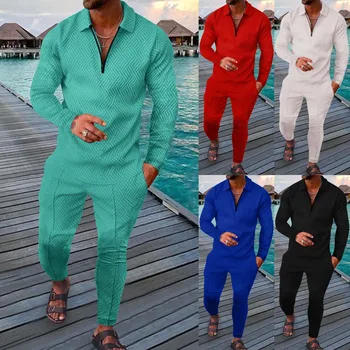 Erkekler Rahat Düz Renk Baskı İki Parçalı Takım Elbise Yeni Bahar Fermuar Yaka Uzun Kollu Bluz Gevşek Rahat cep pantolon seti