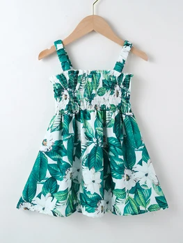 3-7 Yıl Kız Elbise Çocuklar Yaz Kolsuz Kayış Prenses Elbise Yeşil Yaprak Baskı Şerit Çocuk Giysileri Kız Casual Sundress