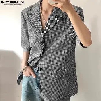 INCERUN Üstleri 2024 Kore Tarzı Yeni erkek Moda Ekose Tasarım Takım Elbise Mont Casual Streetwear Erkek Yaka Kısa Kollu Blazer S-5XL