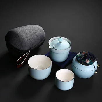 Seramik demlik su ısıtıcısı gaiwan çay fincanı bir pot ve iki bardak taşınabilir seyahat çay takımları ile seyahat çantası
