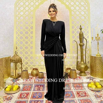 XPAY O Boyun Siyah Mermaid Balo Elbise Uzun Kollu Dubai Arabistan Criss-Cross gece elbisesi Seksi Plise Resmi Özel Durum Elbise