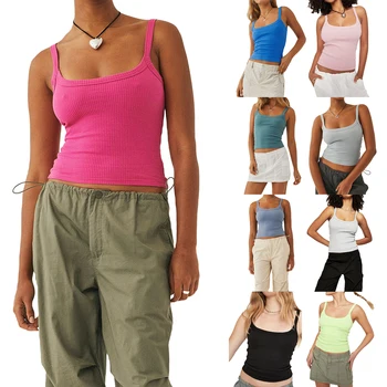 Kadın Düz Renk Tankı Üstleri Temel Kolsuz Scoop Boyun Slim Fit Gömlek Nervürlü Üstleri y2k Streetwear