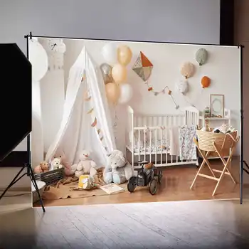 ay.QG fotoğraf arka fonu Bebek Beyaz Perde Infanette Odası Doğum Günü Arka Plan Çocuklar Parti Sahne Oyuncak Ayı Balon Araba Süslemeleri