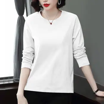 Kadınlar Uzun Kollu T-shirt Dip Gömlek pamuk Yuvarlak Boyun rahat Siyah Beyaz Düz Renk Üst Ropa Mujer Q428